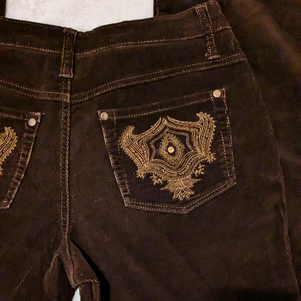 Fashion Bug Corduroy Flared Pants Dark Brown Stretch Embroidery Cotton Fall